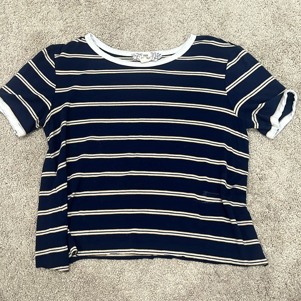 Dark blue, yellow, and white striped crop top. Size XS.